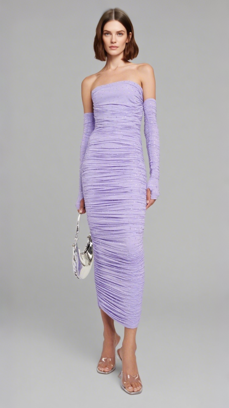 TISA CRYSTAL-EMBELLISHED RUCHED MIDI DRESS