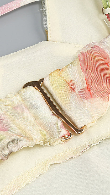 BELINDA YELLOW FLORAL VERTICAL RUFFLE TRIM MAXI DRESS