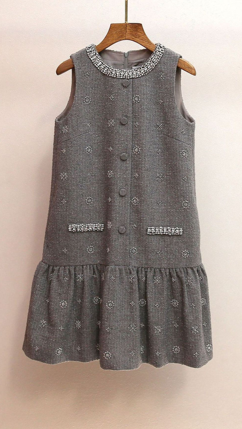 HASANA SPARKLING GREY TWEED SLEEVELESS MINI DRESS WITH CRYSTAL EMBELLISHMENTS