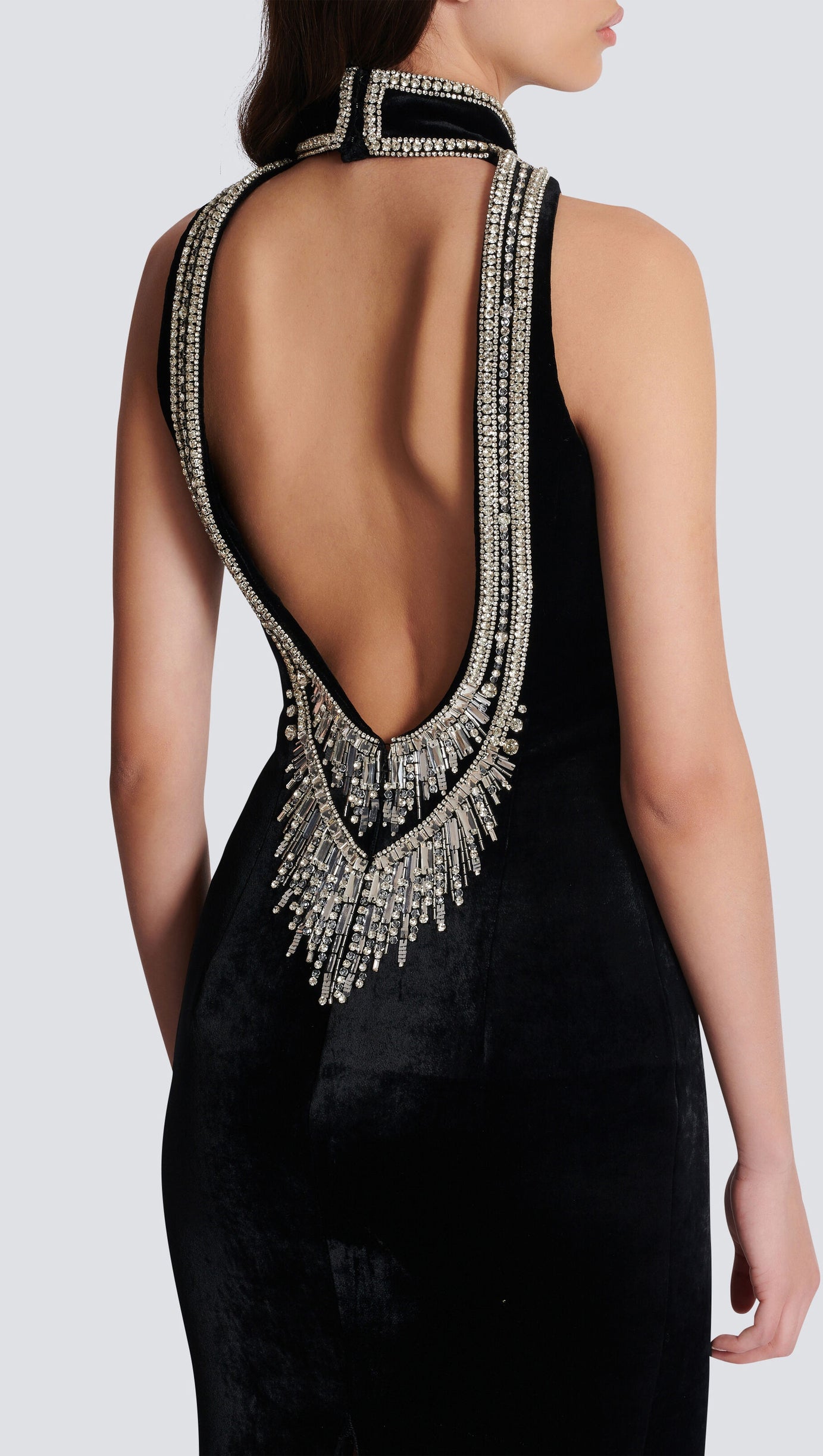 EMBROIDERED VELVET HALTERNECK MAXI DRESS IN BLACK