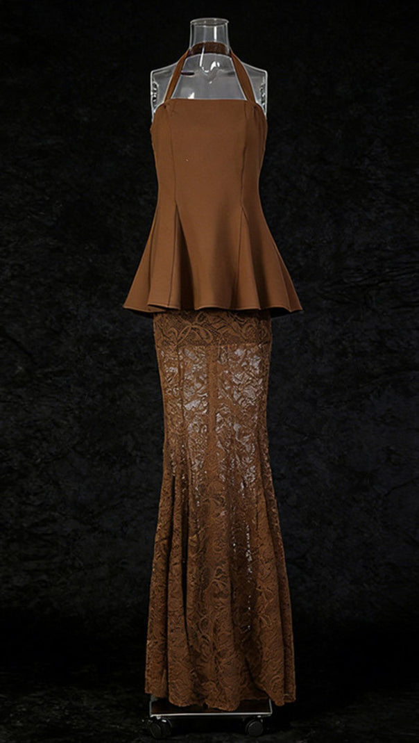 AIIZIE Janiah Elegant Halter Peplum Top & Bronze Lace Maxi Skirt Set - product image