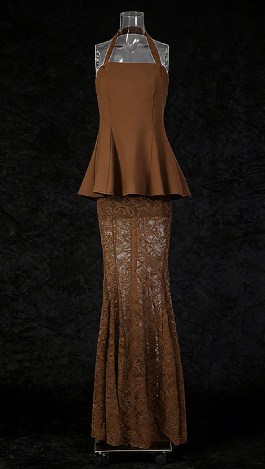 Janiah Elegant Halter Peplum Top & Bronze Lace Maxi Skirt Set
