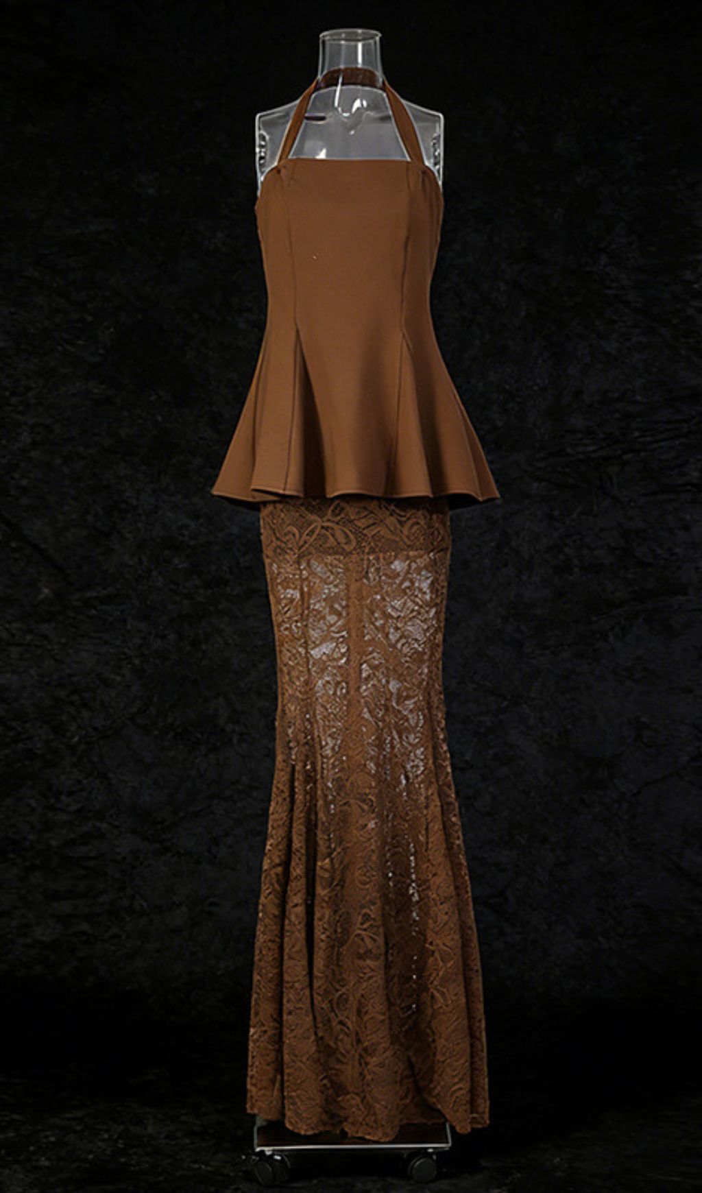 Janiah Elegant Halter Peplum Top & Bronze Lace Maxi Skirt Set