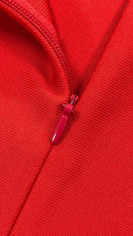 ABITO LUNGO ROSSO CON SCOLLO A V E SCHIENA SENZA SCHIENA, FIORI 3D