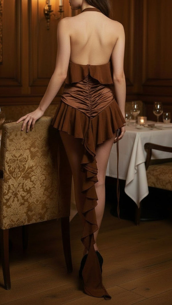 AIIZIE Jerom Opulent Brown Halter Ruched Mini Dress with Rosette Detail - product image