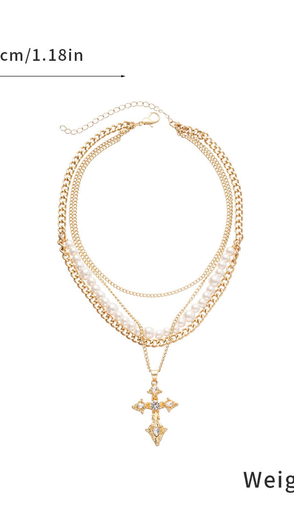 AIIZIE Jordyn Elegant Layered Pearl & Crystal Cross Necklace for Women - product image