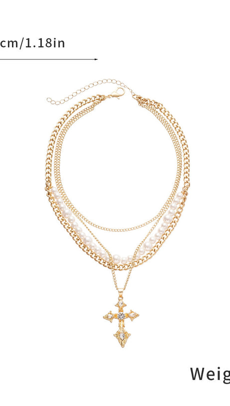 Jordyn Elegant Layered Pearl & Crystal Cross Necklace for Women