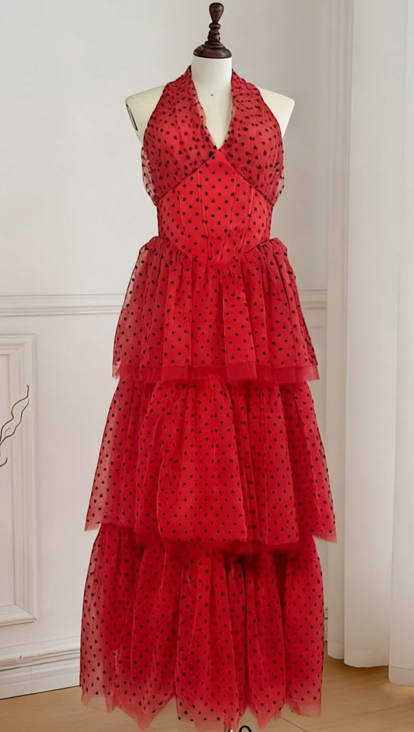 AIIZIE Janika Red Polka Dot Halter Tiered Maxi Dress - Bohemian Chic - product image