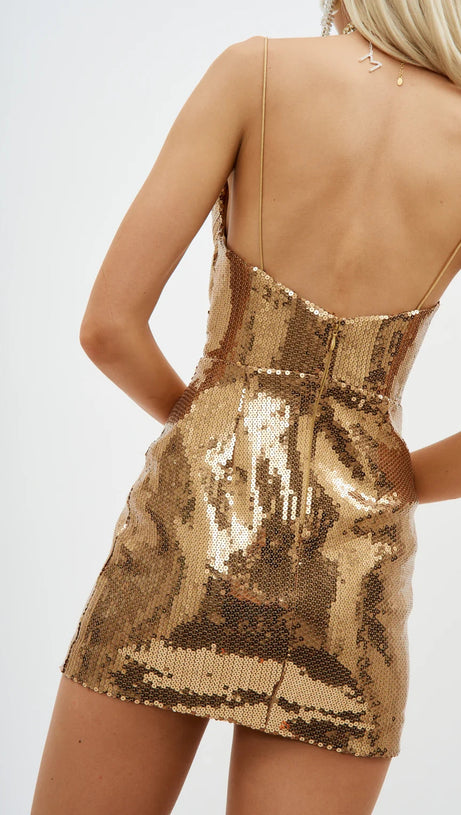 Drapiertes Tüll-Minikleid mit Pailletten in Gold