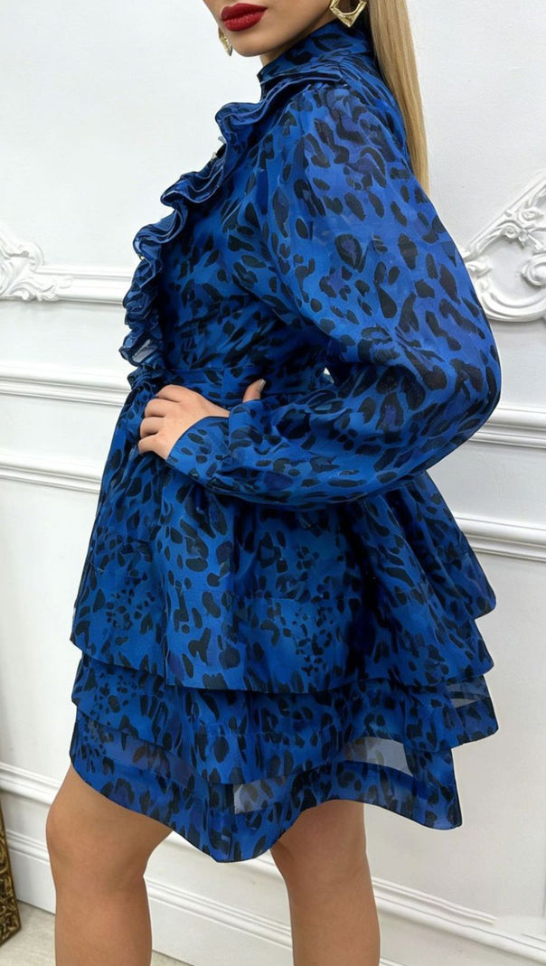 AIIZIE Jennica Electric Blue Leopard Print Ruffle Mini Dress with Tie-Waist - product image