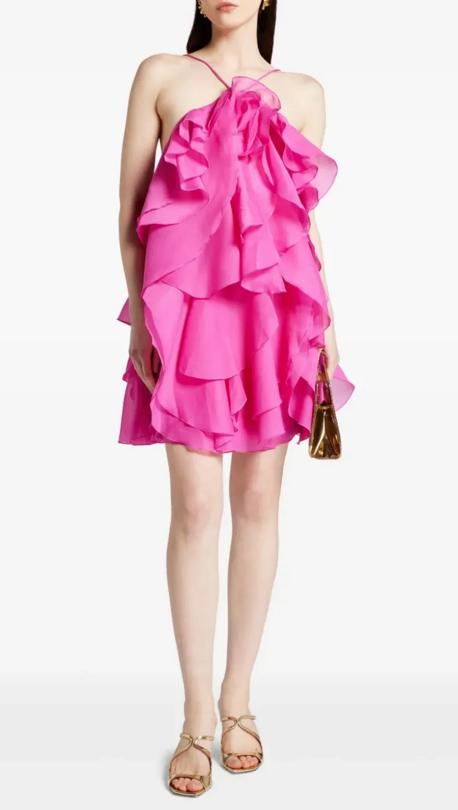 LORRAINE HALTER FLORAL RUFFLE LAYERED MINI DRESS IN FUCHSIA