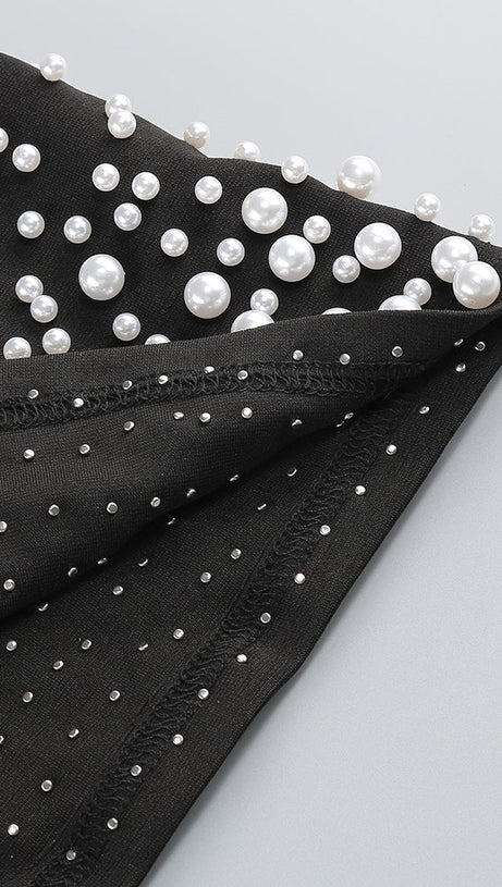 PEARL POLKA DOTS EMBELLISHED MIDI DRESS IN BLACK