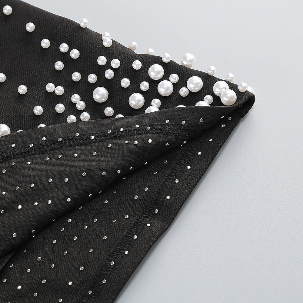 PEARL POLKA DOTS EMBELLISHED MIDI DRESS IN BLACK