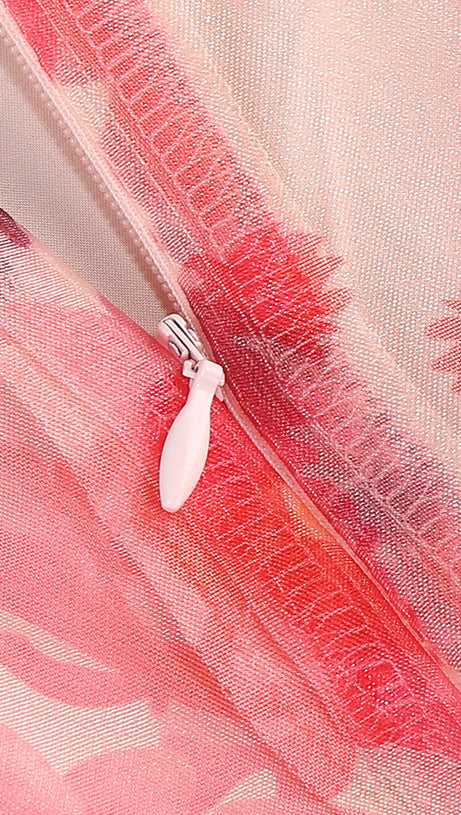 BELINDA RED FLORAL VERTICAL RUFFLE TRIM MAXI DRESS