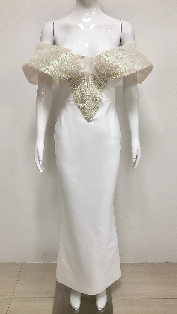 AIIZIE OFF-SHOULDER PEARL EMBELLISHED BODYCON MAXI DRESS IN WHITE - product image