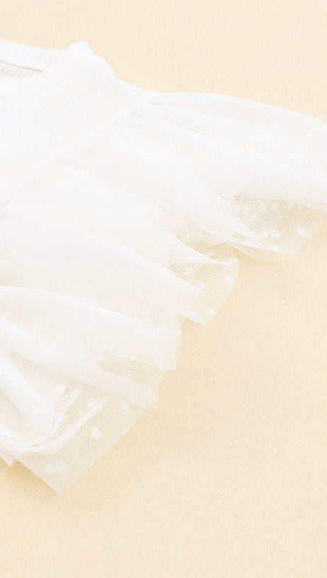 BLACK DOTTY MESH RUFFLE SLEEVE RIBBED KNIT TOP