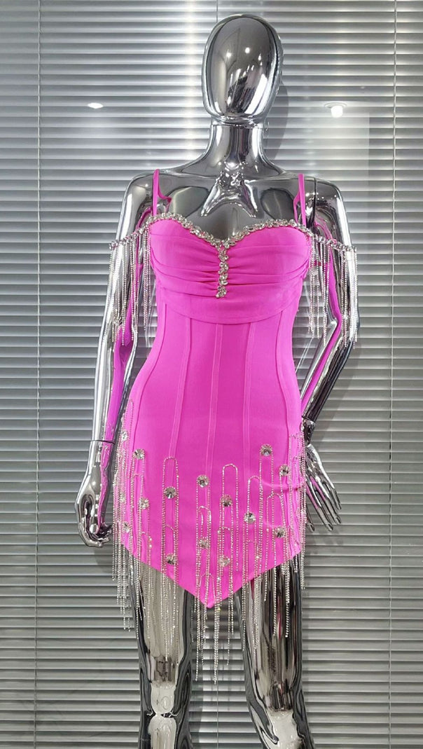 AIIZIE Dazzling Diamante Tassel Bandage Mini Dress - Glamorous Off-Shoulder Club & Partywear - product image
