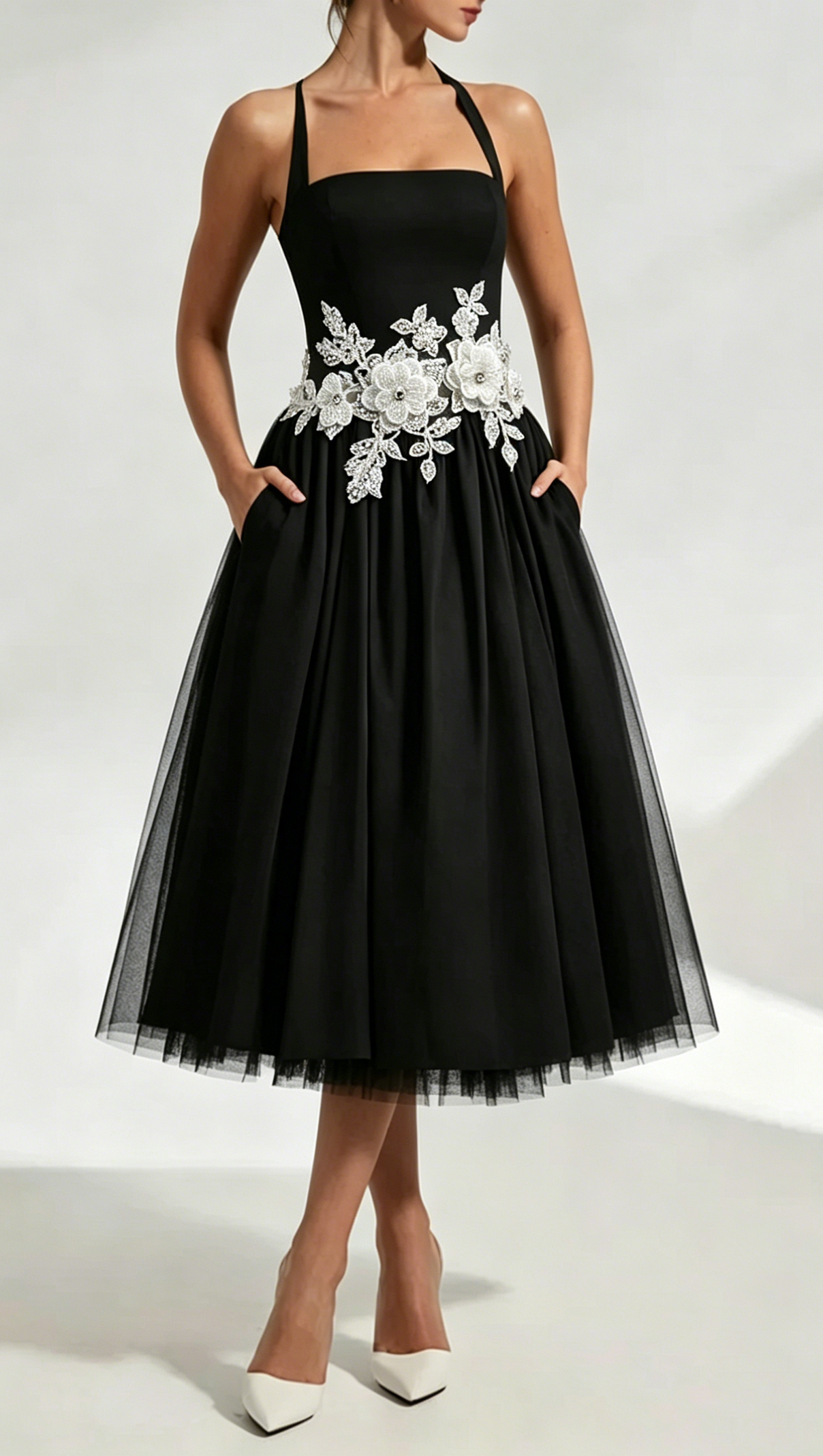 Lace Embroidery Cressida Midi Dress - Black