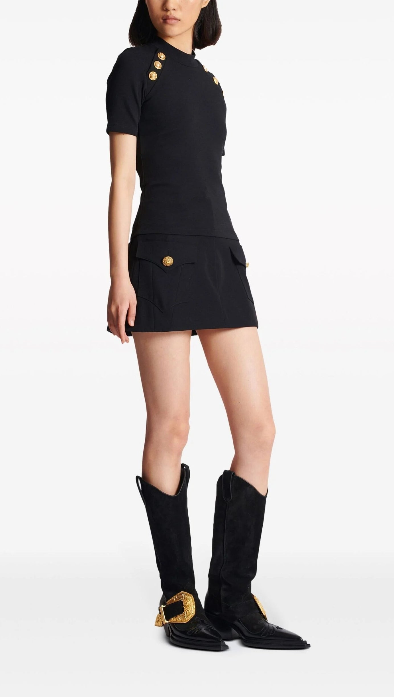 BLACK BUTTON-EMBELLISHED KNITTED T-SHIRT