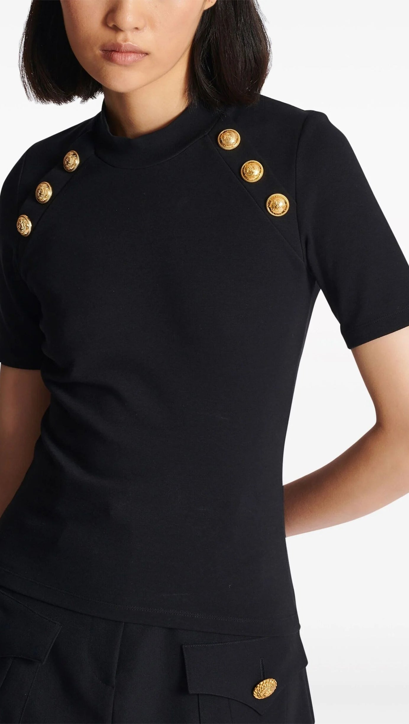 BLACK BUTTON-EMBELLISHED KNITTED T-SHIRT
