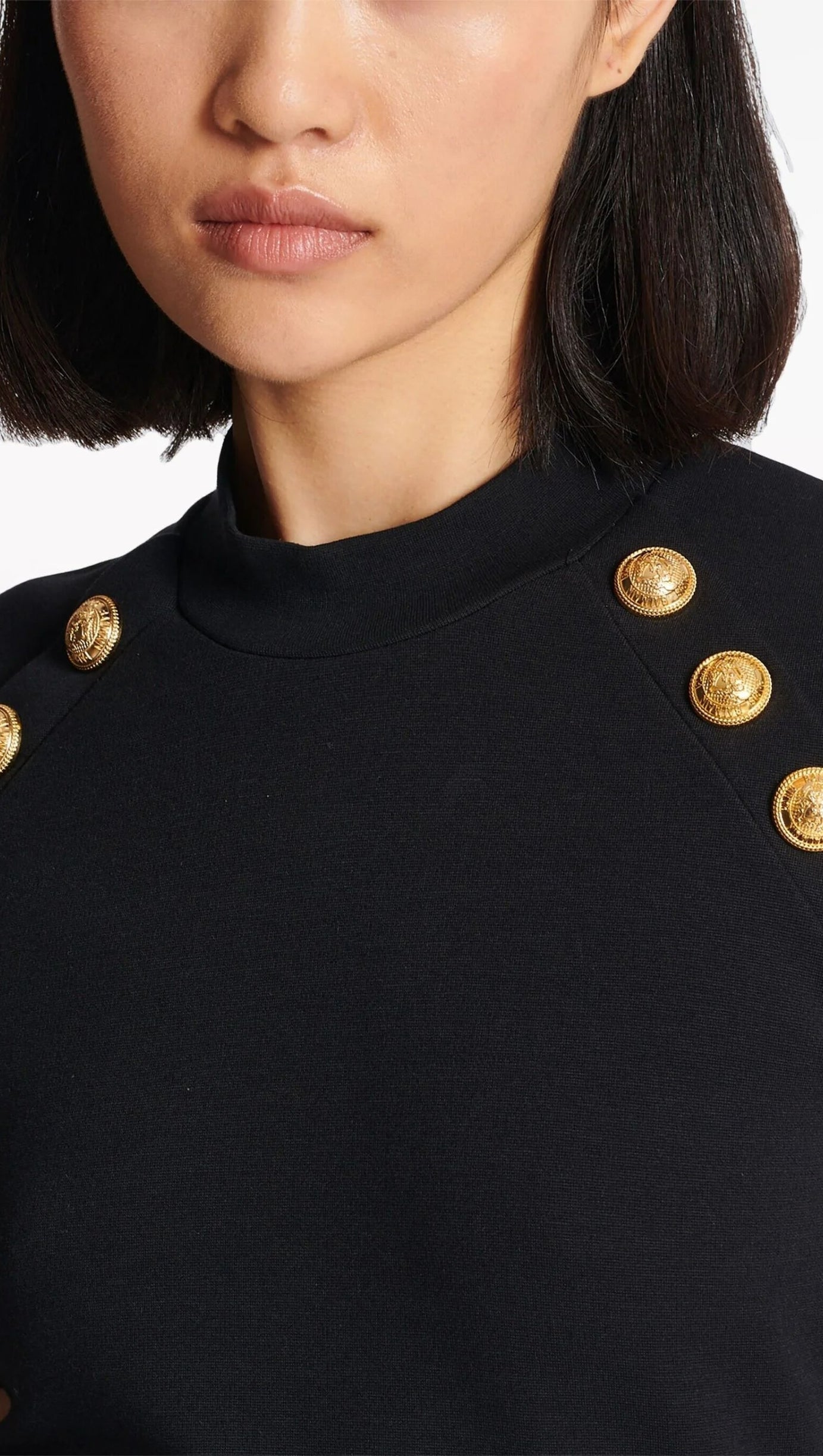 BLACK BUTTON-EMBELLISHED KNITTED T-SHIRT