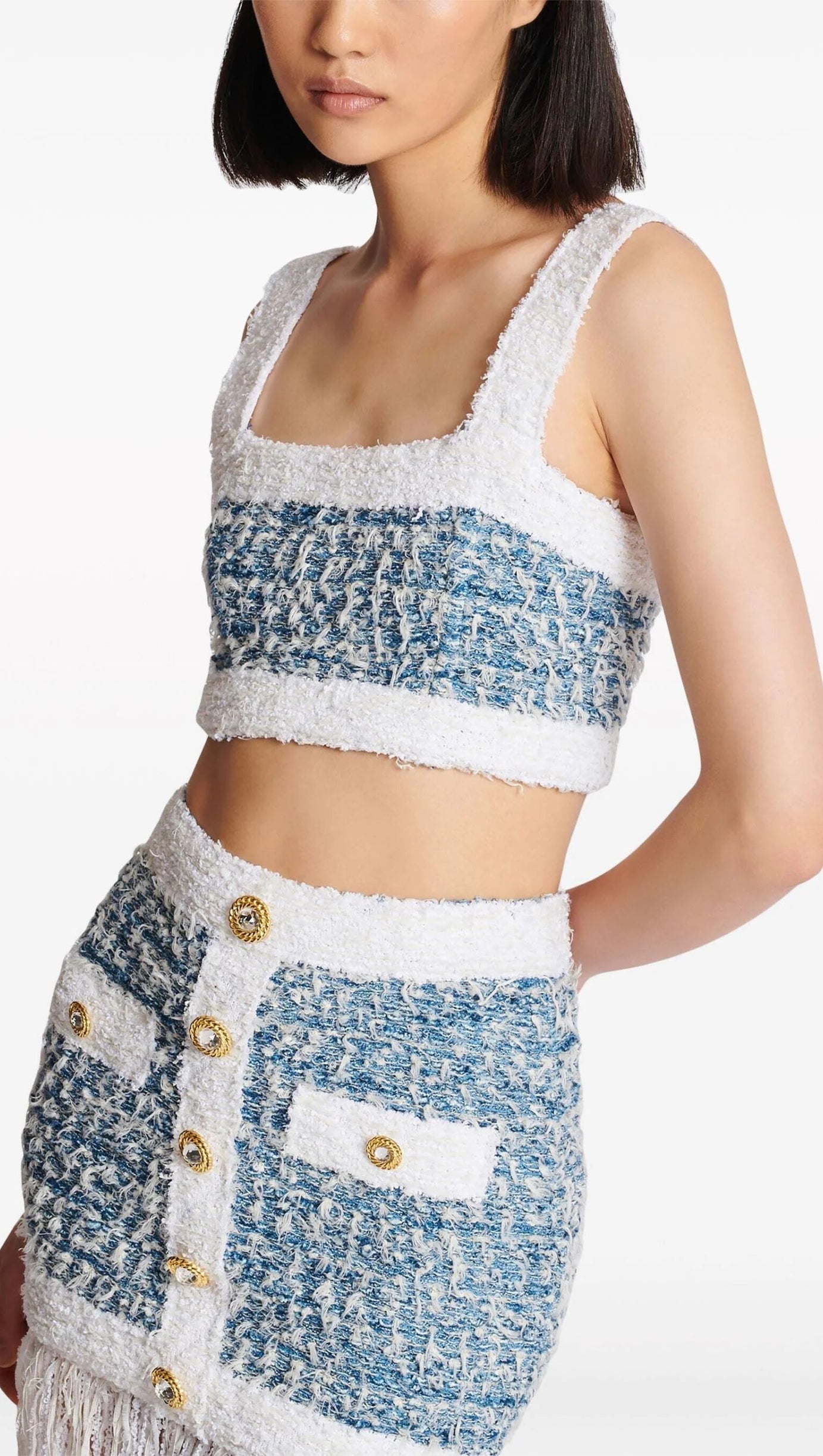 BLUE TWEED CROP TOP