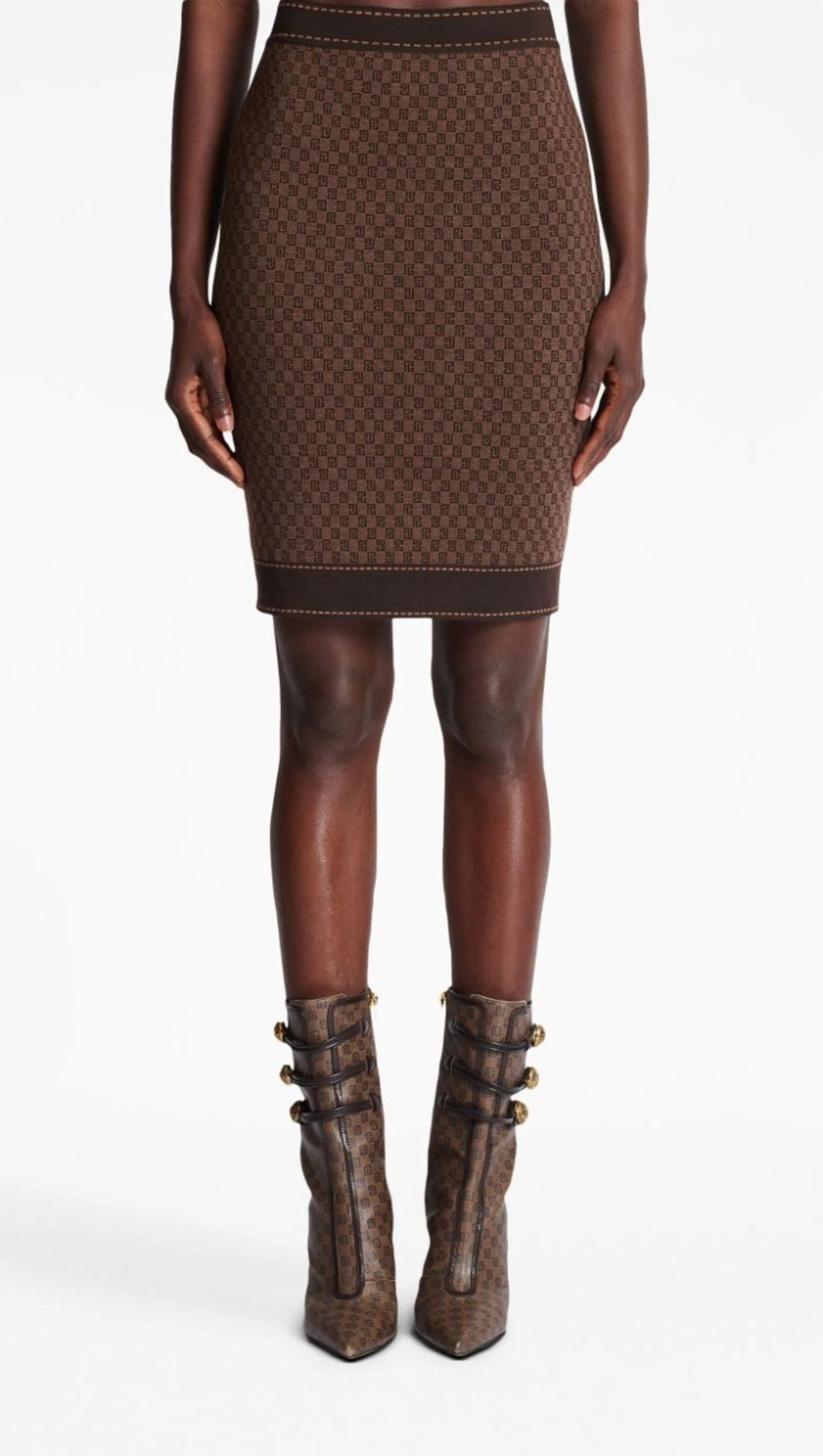 BROWN MONOGRAM-JACQUARD WOOL-BLEND SKIRT