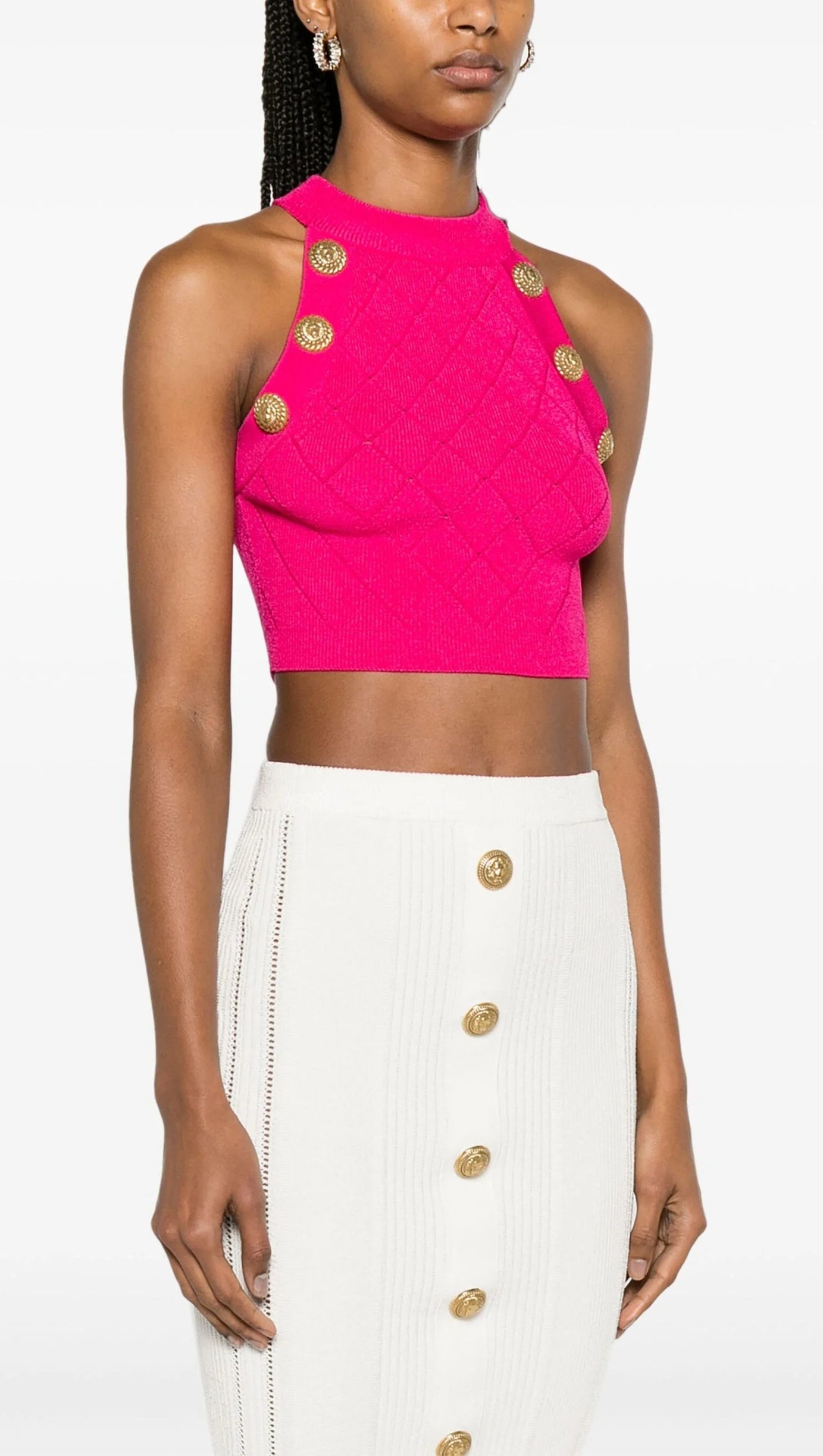 TOP CORTO IN MAGLIA A ROMBI ROSA 