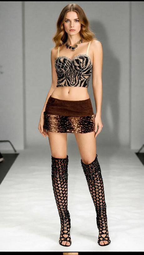 Bambina Wild Glamour Zebra Print Rhinestone Fringe Crop Top