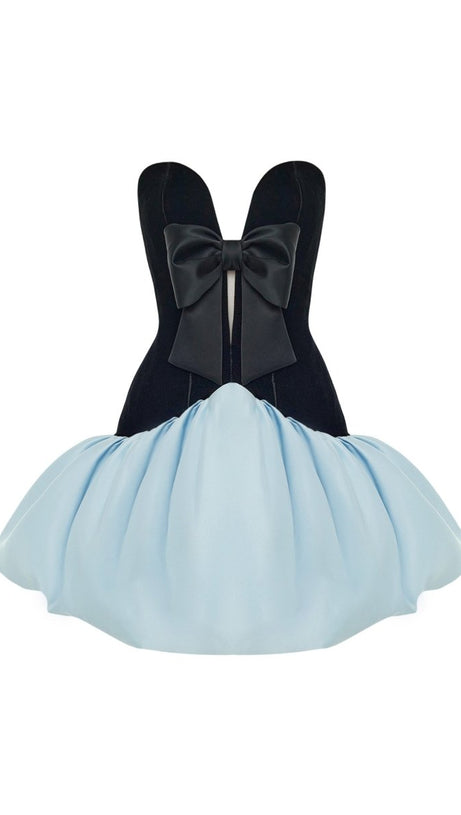 VELVET CORSET SATIN MINI DRESS IN BLACK LIGHT BLUE
