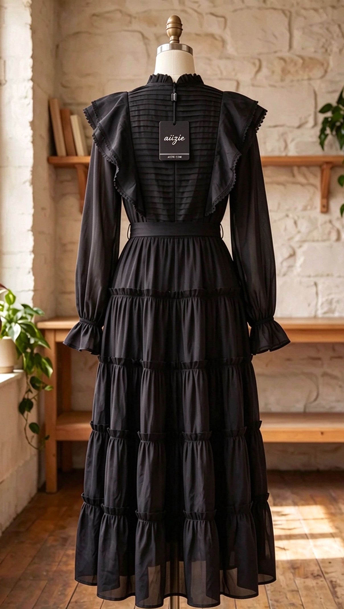 Black Tiered A-Line Midi Dress with Bishop Sleeves