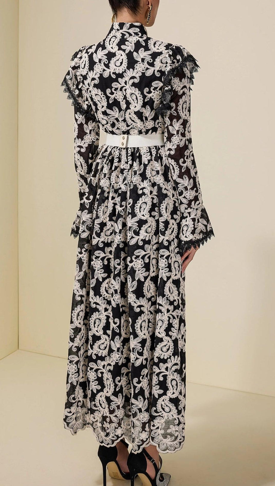 alma Chiffon Embroidered Single Breasted Midi Dress With Belt - black