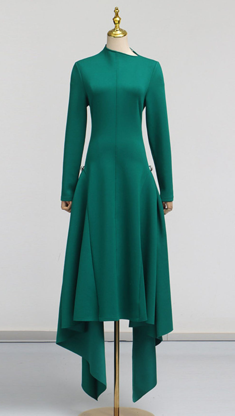 Johnna Emerald Green Asymmetrical Midi Dress - Long Sleeve Sophistication