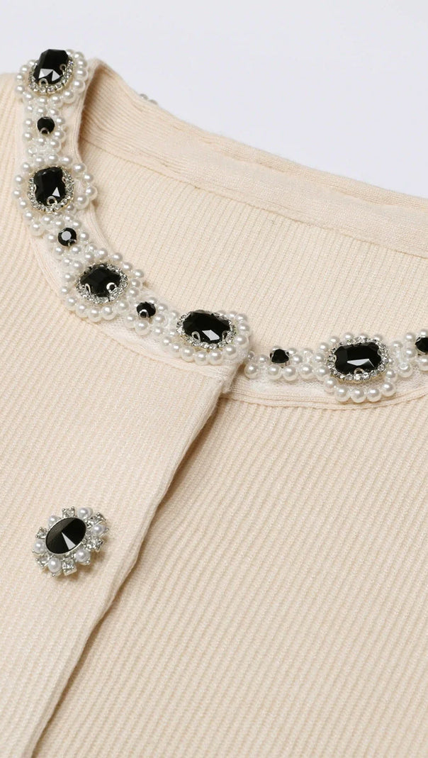 AIIZIE Jie Luxe Knit Embellished Cardigan & Flared Skirt Set - Effortless Apricot Chic - product image