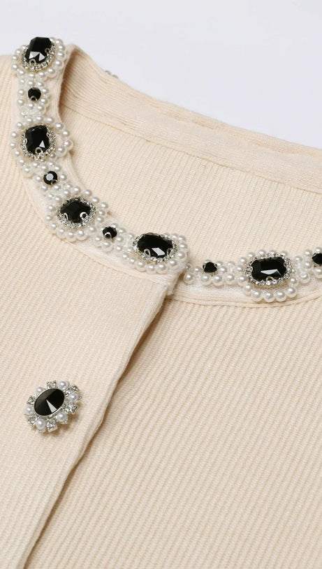 Jie Luxe Knit Embellished Cardigan & Flared Skirt Set - Effortless Apricot Chic