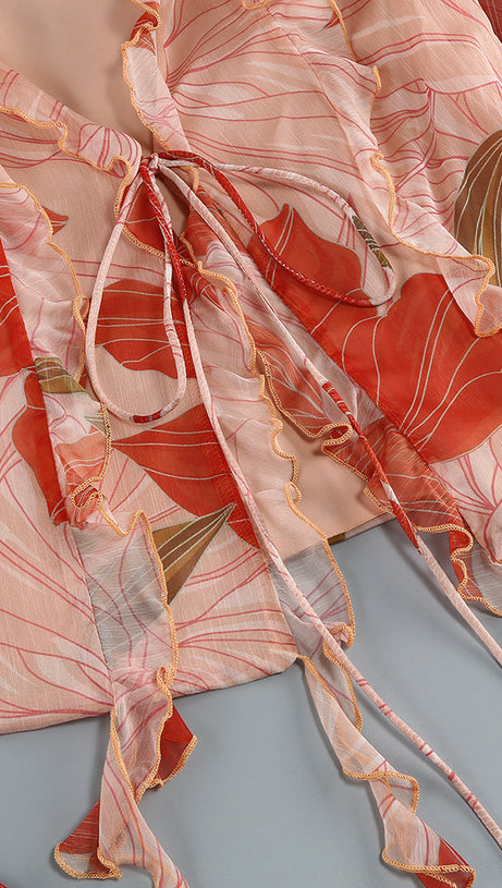 GLORIA PRINTED CUT OUT RUFFLE TRIM SKIRT SUIT