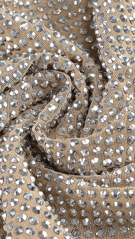 OFF-SHOULDER CRYSTAL-EMBELLISHED MINI DRESS IN SILVER