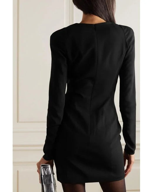 BLACK SILK SATIN-TRIMMED CREPE MINI DRESS