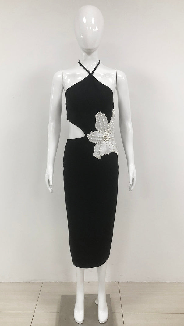 AIIZIE ATHENA FLORAL APPLIQUÉ CUTOUT HALTER MIDI DRESS IN BLACK - product image