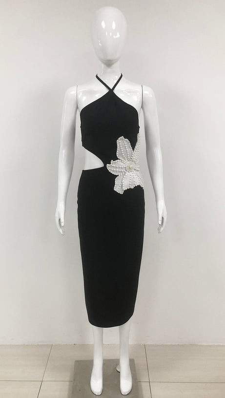 ATHENA FLORAL APPLIQUÉ CUTOUT HALTER MIDI DRESS IN BLACK