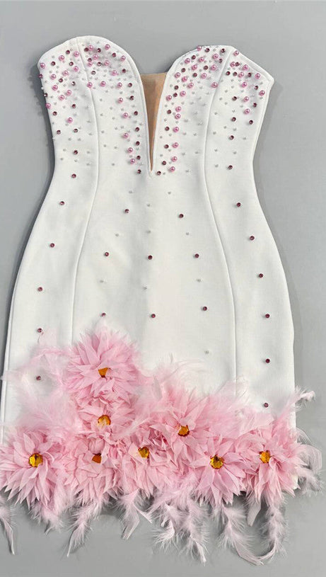 HITA PINK STRAPLESS BEADED FLORAL BANDAGE MINI DRESS - PARTY GLAM