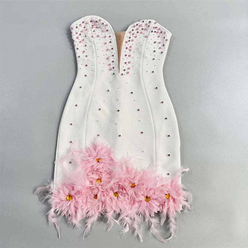 AIIZIE HITA PINK STRAPLESS BEADED FLORAL BANDAGE MINI DRESS - PARTY GLAM - product image