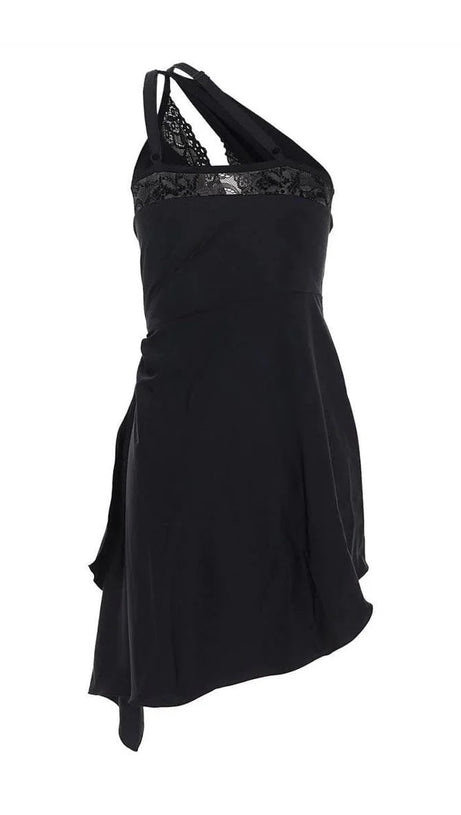 ONE-SHOULDER LACE HOLLOW MINI DRESS IN BLACK