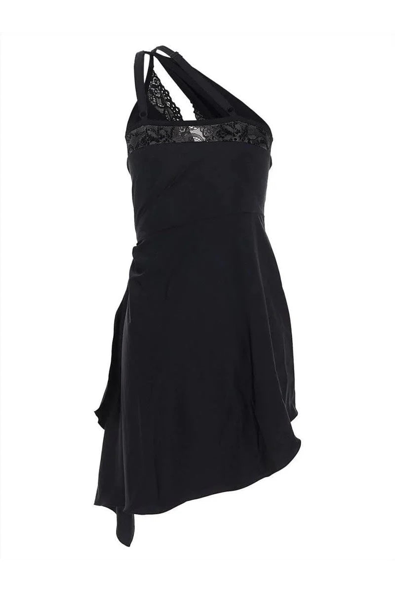 ONE-SHOULDER LACE HOLLOW MINI DRESS IN BLACK