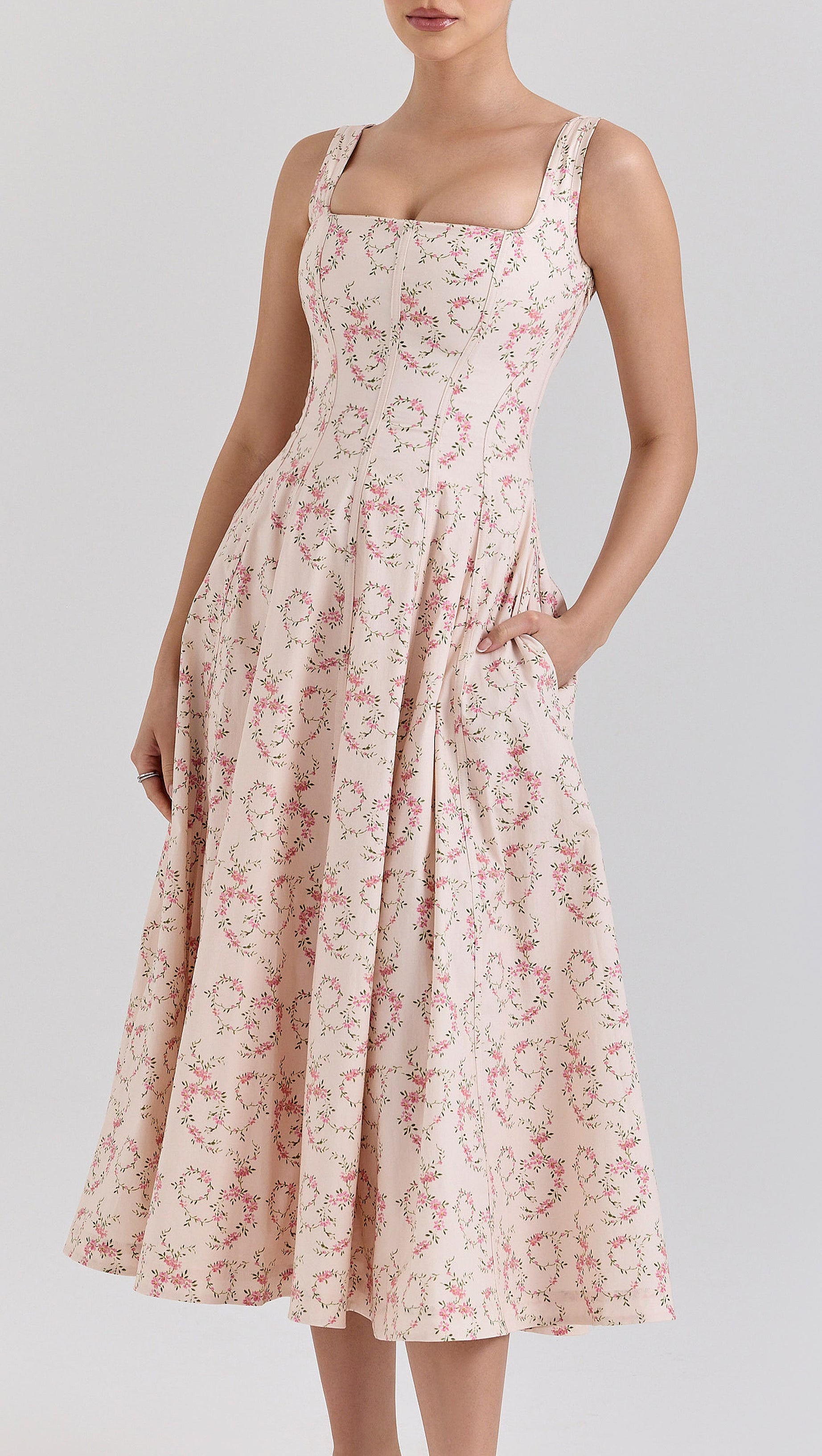 Gemma – Cremefarbenes Midikleid aus Stretch-Baumwolle mit Blumenmuster und Schnürung