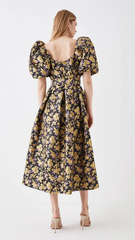 FLORAL JACQUARD PUFF SLEEVE DRESS