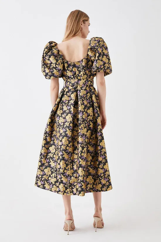 FLORAL JACQUARD PUFF SLEEVE DRESS