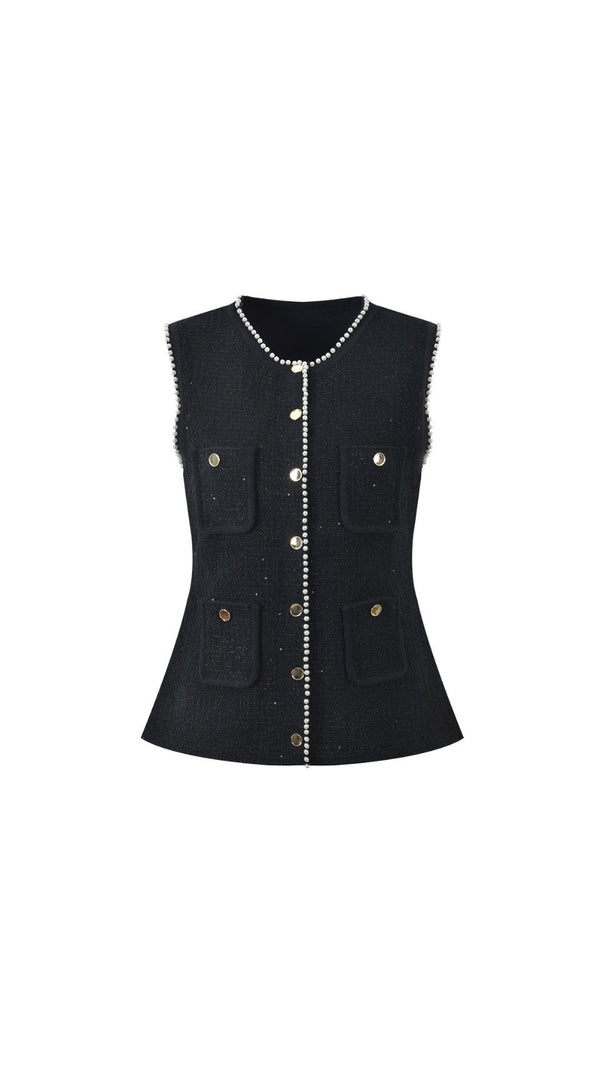 AIIZIE Chic Black Sparkle Tweed Sleeveless Vest Top with Pearl Buttons - product image