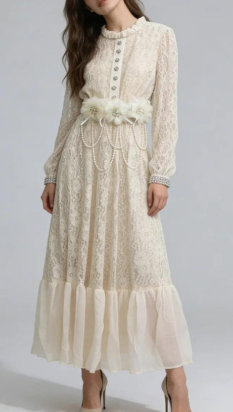 deborah 3D floral tulle lace maxi dress in white