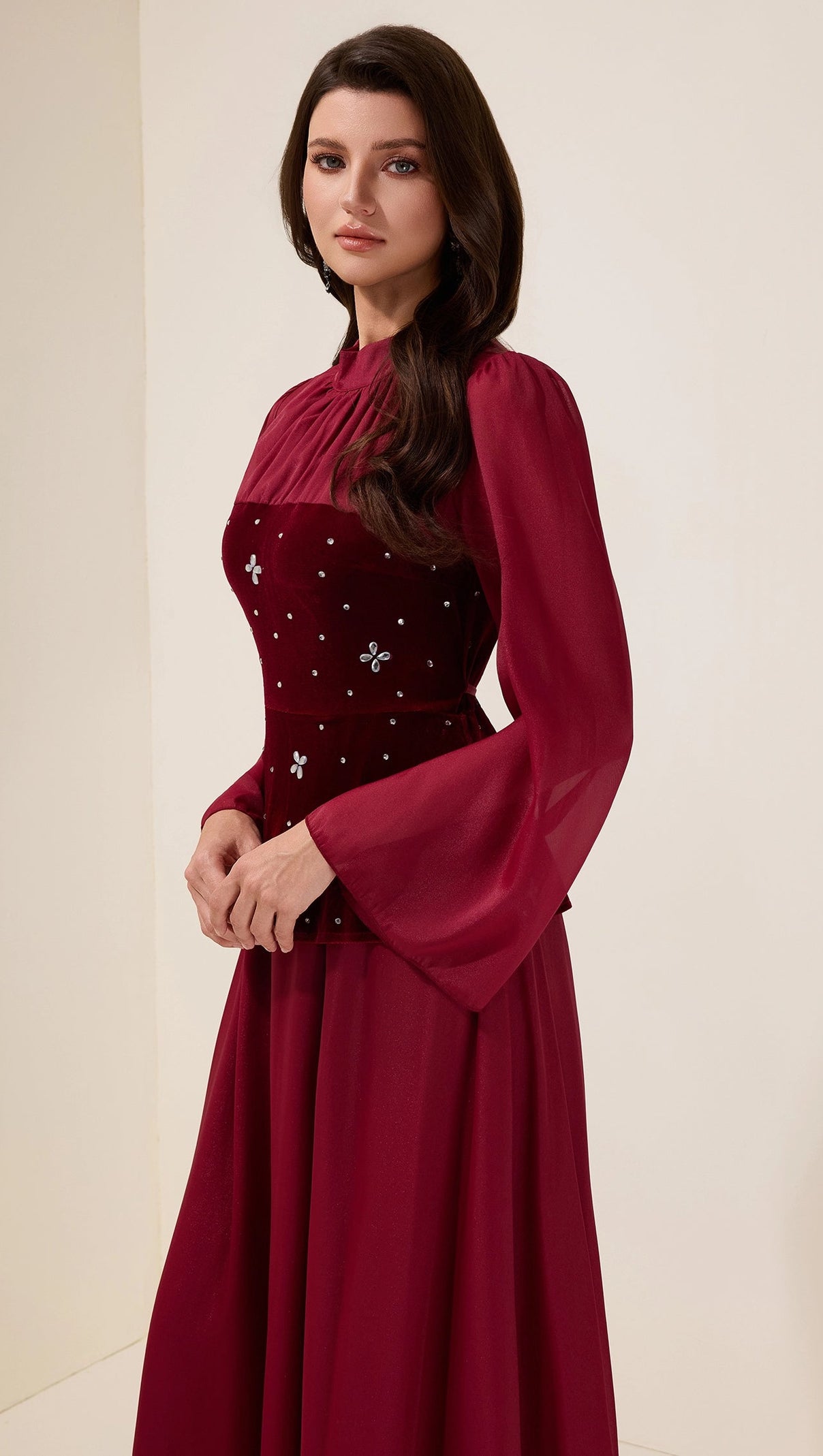 caroline Strass-Samt-Spleiß Maxikleid - Burgund